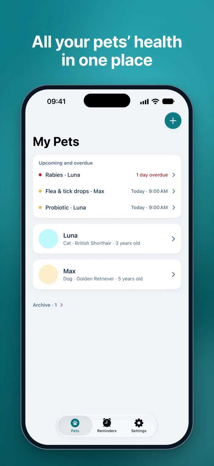 My Pets screen: upcoming and overdue reminders at the top, with a card for each pet below.