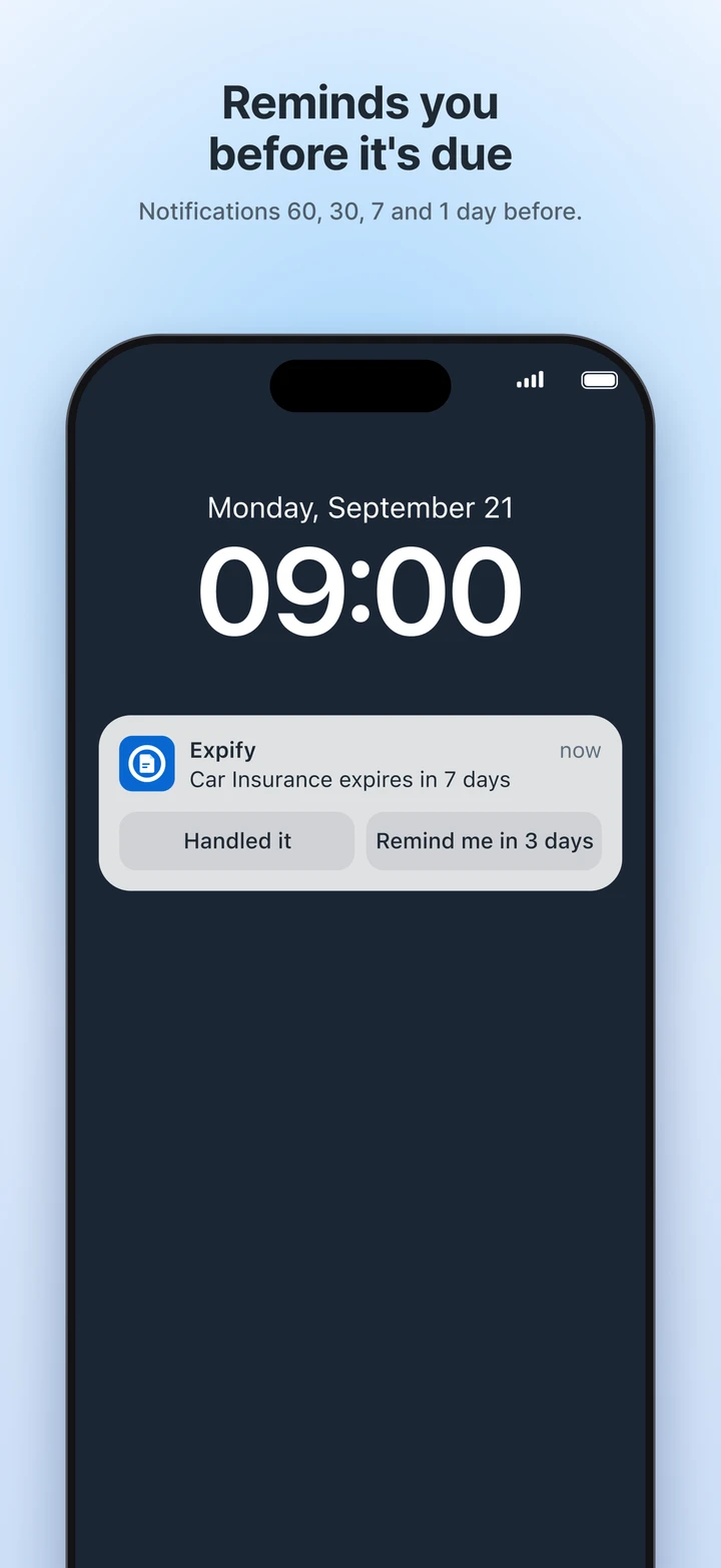 Expify notification on the lock screen: traffic insurance expires in 7 days, with Handled it and Remind me in 3 days buttons.
