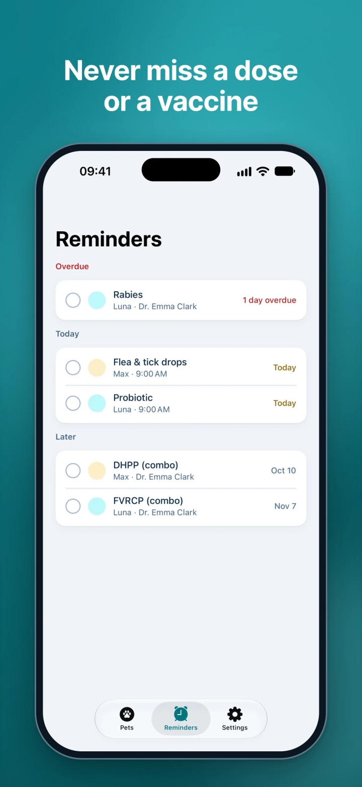 Reminders screen: vaccine, medication and parasite reminders grouped as overdue, today and later.