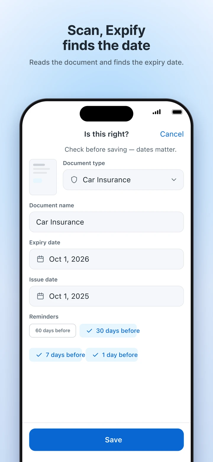 Review screen for a scanned document: document type, name, expiry date and the selected reminder days.
