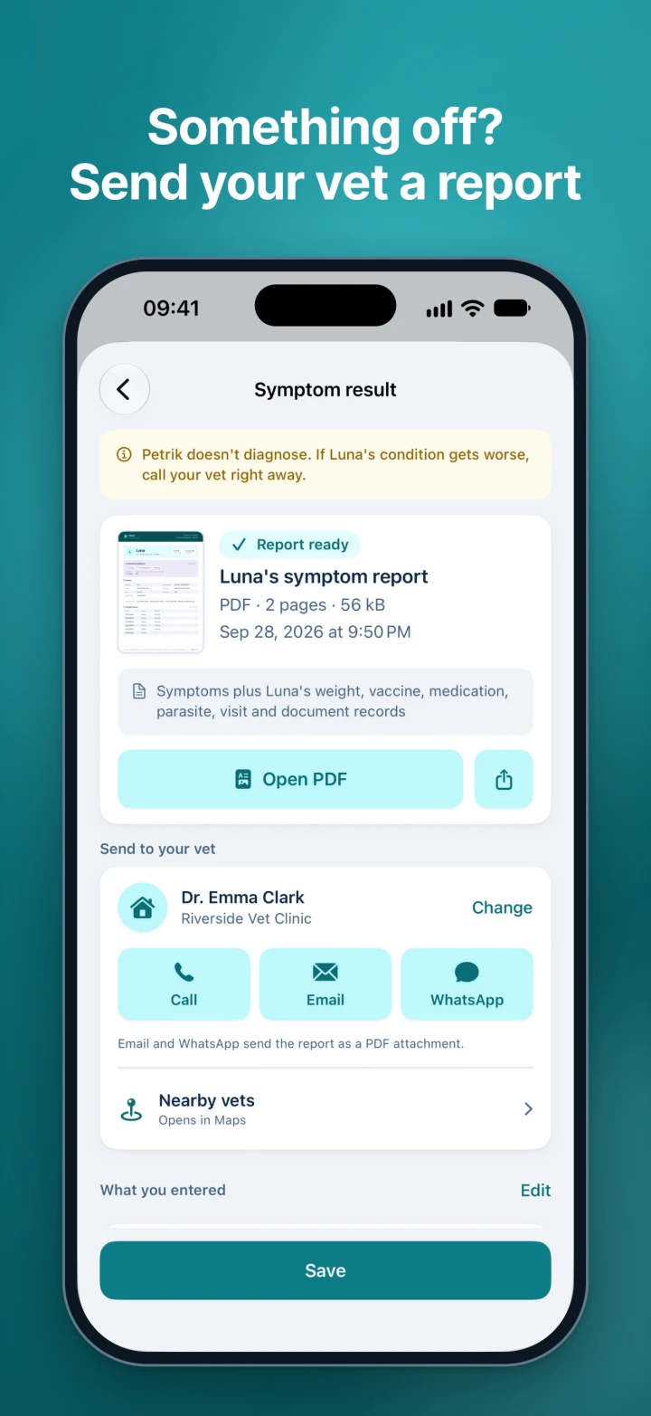 Symptom result: a ready PDF report, with buttons to send it to the vet by call, email or WhatsApp, and nearby vets.