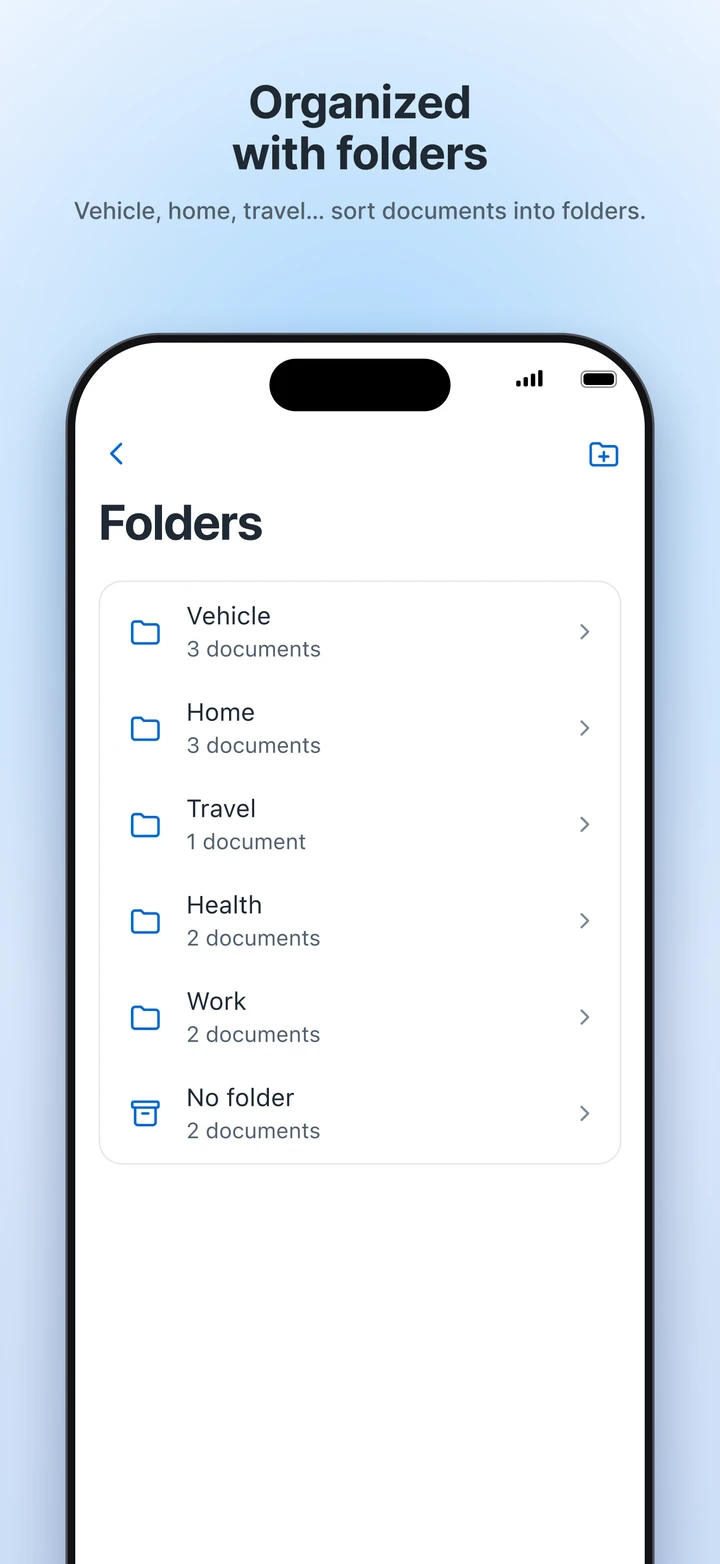 Folders screen: Vehicle, Home, Travel, Health and Work folders, each with its document count.