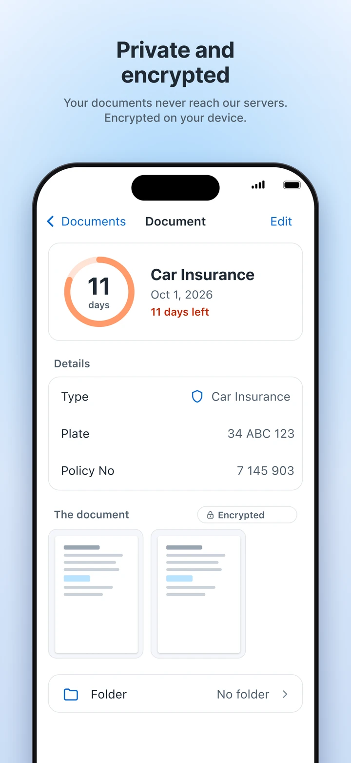 Document details: traffic insurance, 11 days left; plate and policy number, and document images stored encrypted on the device.