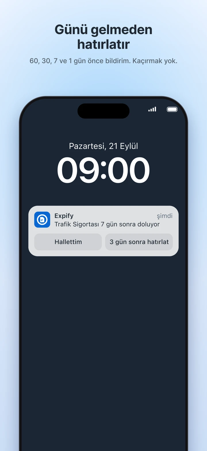 Kilit ekranında Expify bildirimi: trafik sigortası 7 gün sonra doluyor; Hallettim ve 3 gün sonra hatırlat düğmeleri.