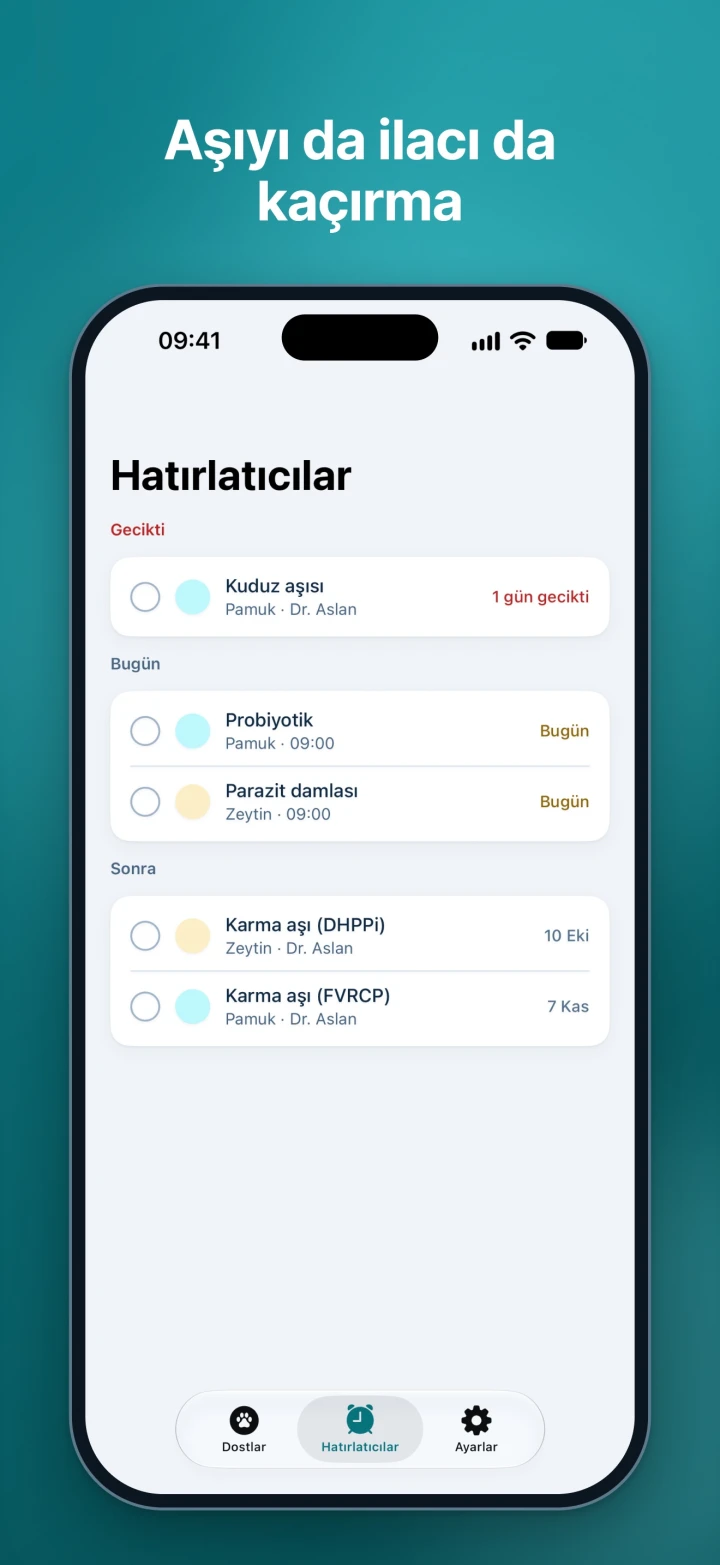 Hatırlatıcılar ekranı: geciken, bugün ve sonra gruplarında aşı, ilaç ve parazit hatırlatıcıları.
