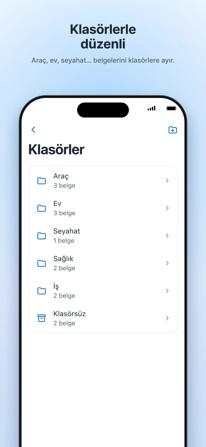 Klasörler ekranı: Araç, Ev, Seyahat, Sağlık ve İş klasörleri, her birindeki belge sayısıyla.
